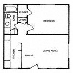Floor plan for 1 bed, 1 bath, 665 sqft